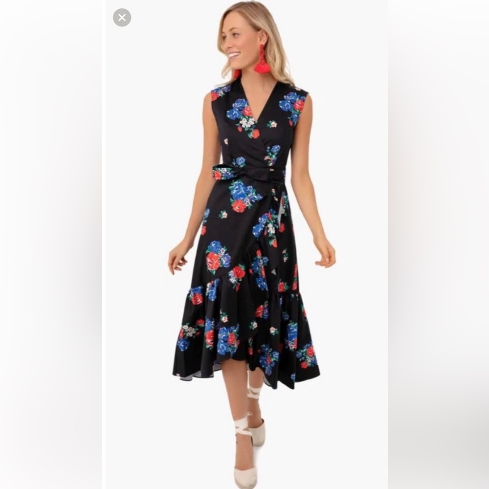 Tory Burch 100% cotton Black Floral Tea Rose Midi Long Ruffle Wrap Dress